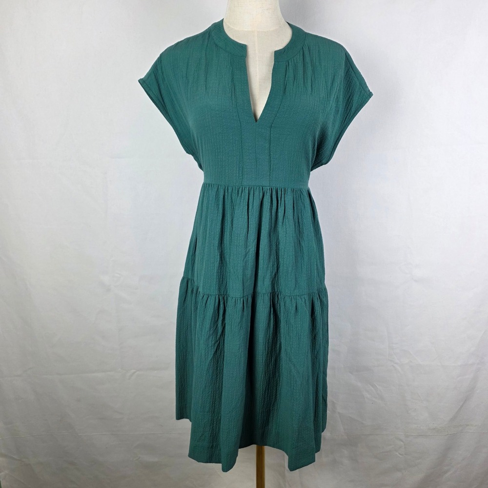 Calvin Klein Womens Forest Green Tiered Midi Dress V-Neck Textured Crepe Size L